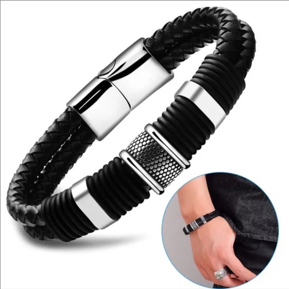 Black Braid Leather Titanium Bracelet Unisex - Picture 9 of 12